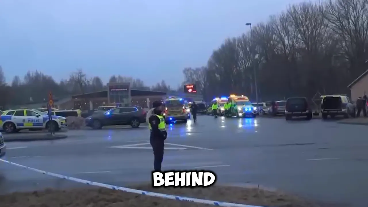 Police vehicles and emergency personnel at a road junction with flashing lights