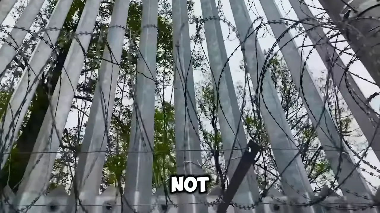 Three uniformed soldiers standing beside a tall metal border fence